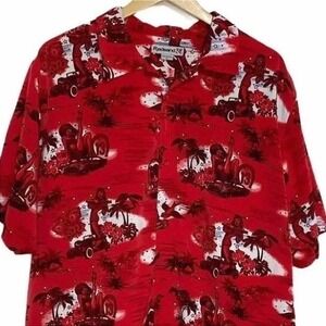 Redsand‎ Button Down Shirt XL Red Rockabilly Pinup Girl Hot Rod Hawaiian Camp